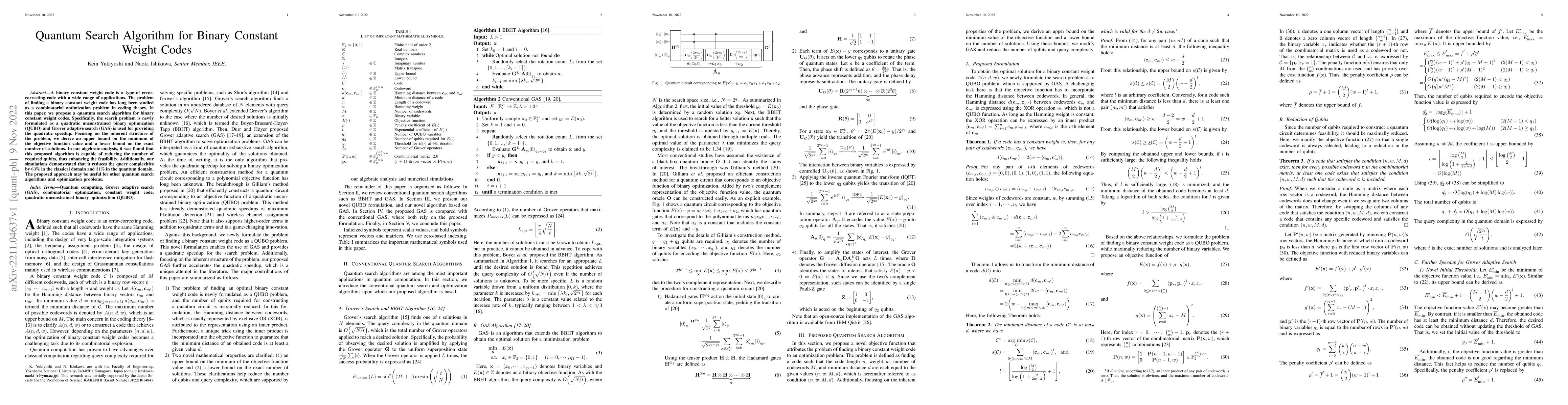 Thumbnail for Quantum Search Algorithm for Binary Constant Weight Codes
