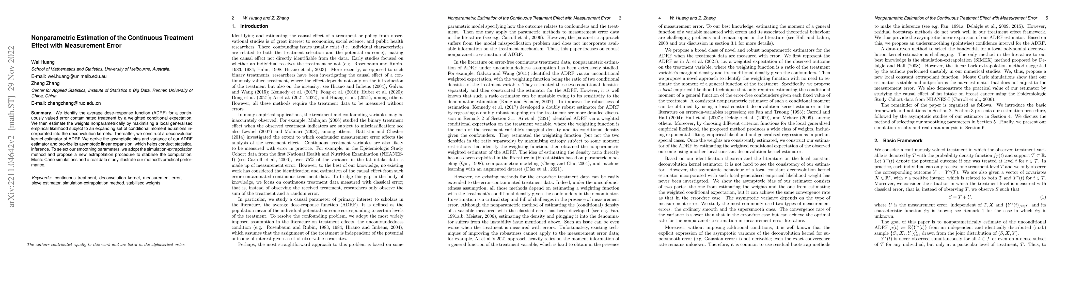 Thumbnail for Nonparametric Estimation of the Continuous Treatment Effect with
  Measurement Error