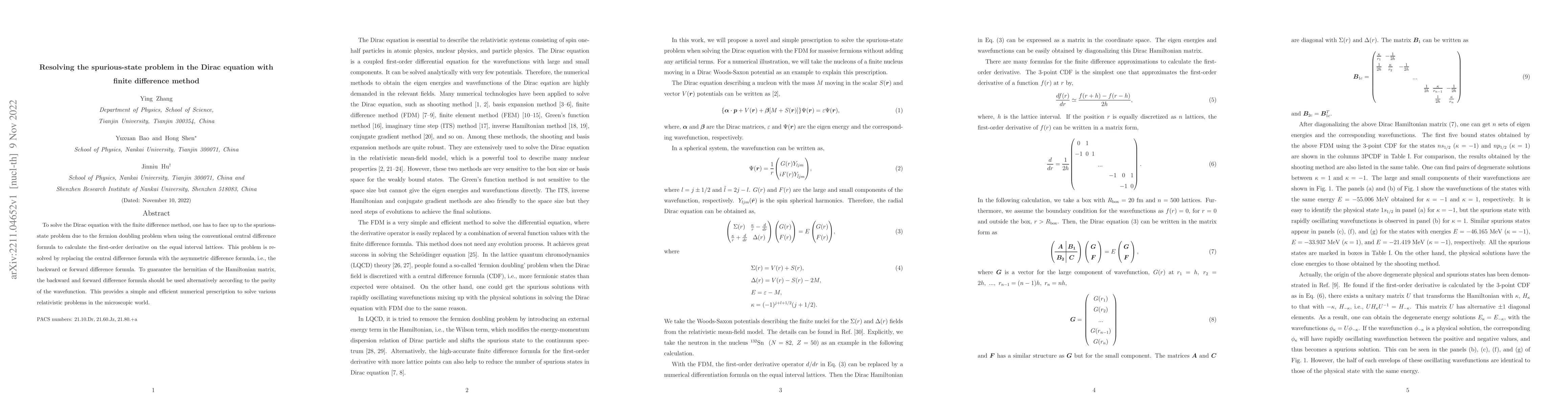 Thumbnail for Resolving the spurious-state problem in the Dirac equation with finite
  difference method