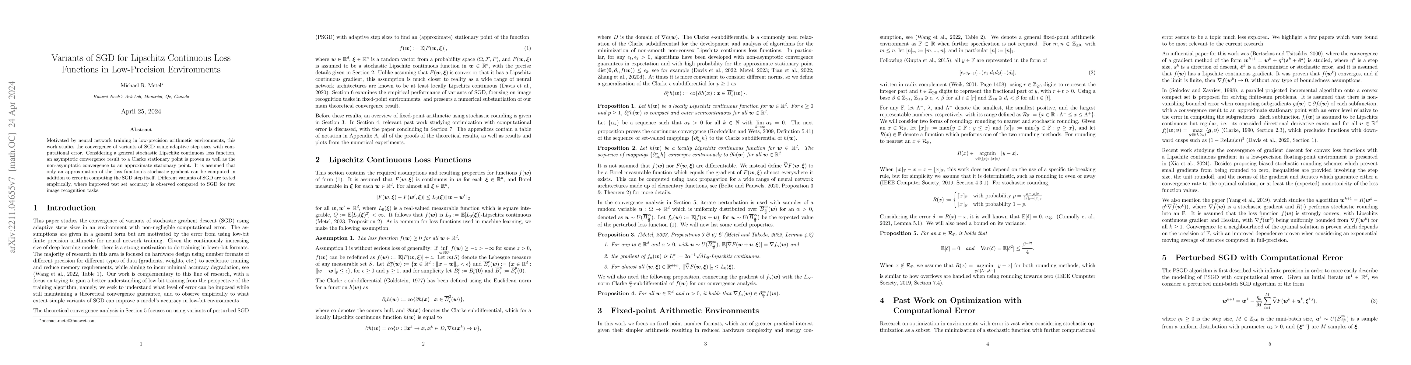Thumbnail for Variants of SGD for Lipschitz Continuous Loss Functions in Low-Precision
  Environments