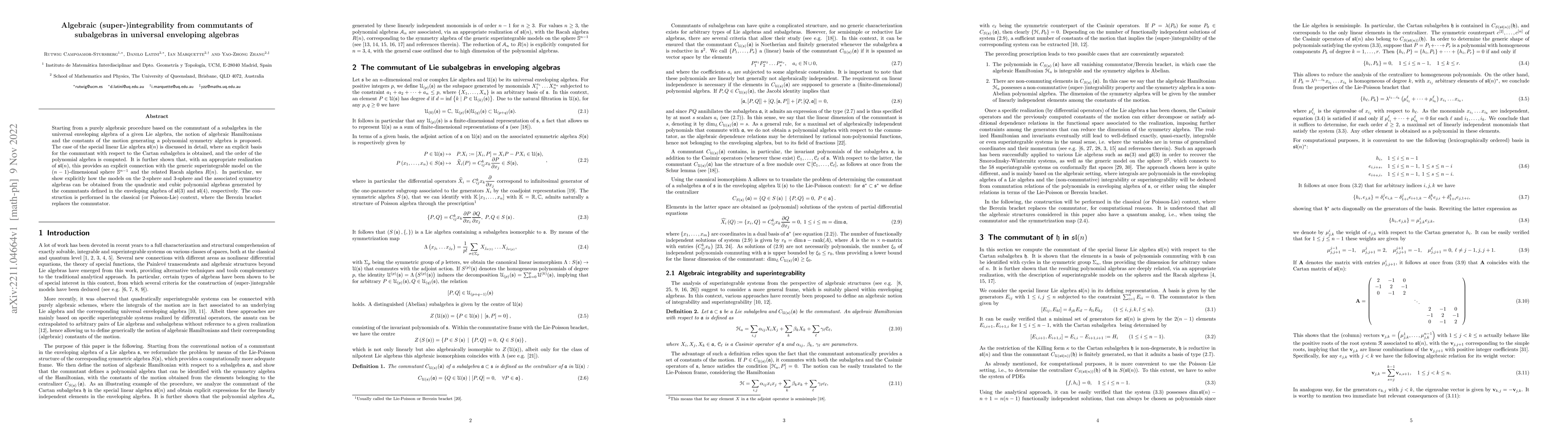 Thumbnail for Algebraic (super-)integrability from commutants of subalgebras in
  universal enveloping algebras
