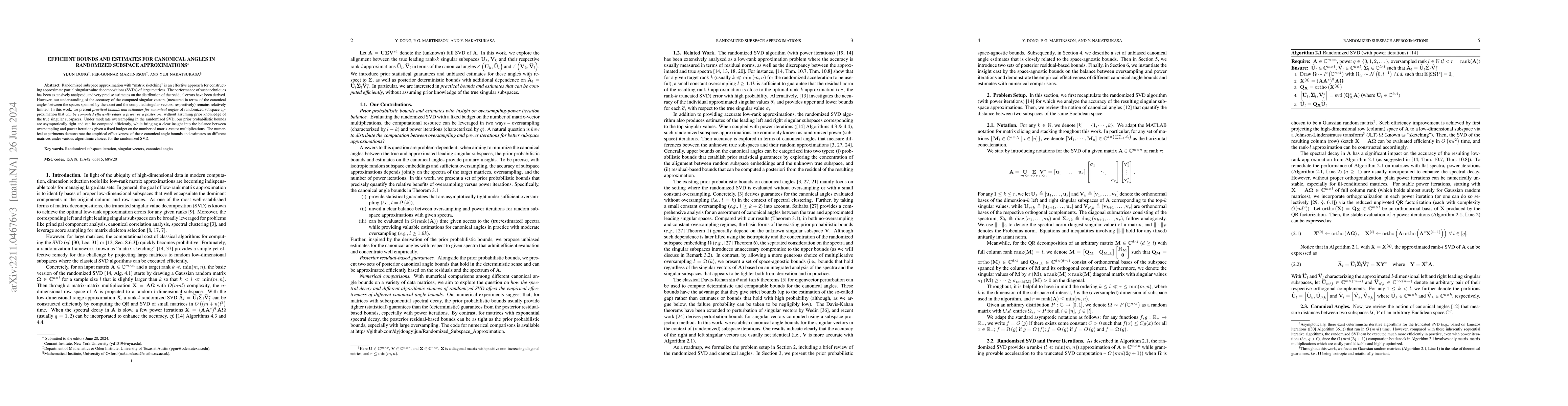 Thumbnail for Efficient Bounds and Estimates for Canonical Angles in Randomized
  Subspace Approximations