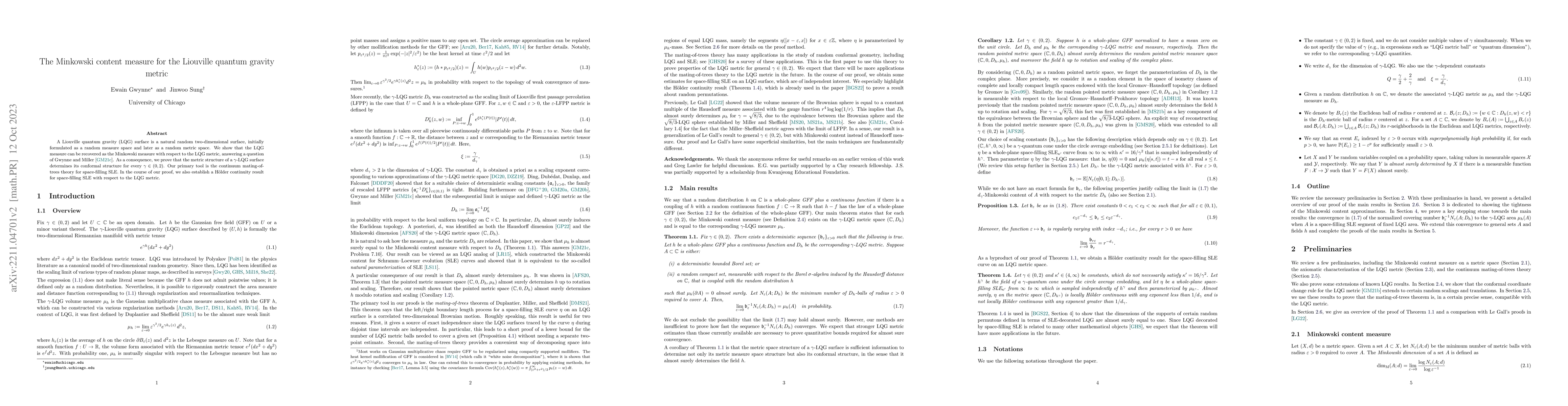 Thumbnail for The Minkowski content measure for the Liouville quantum gravity metric