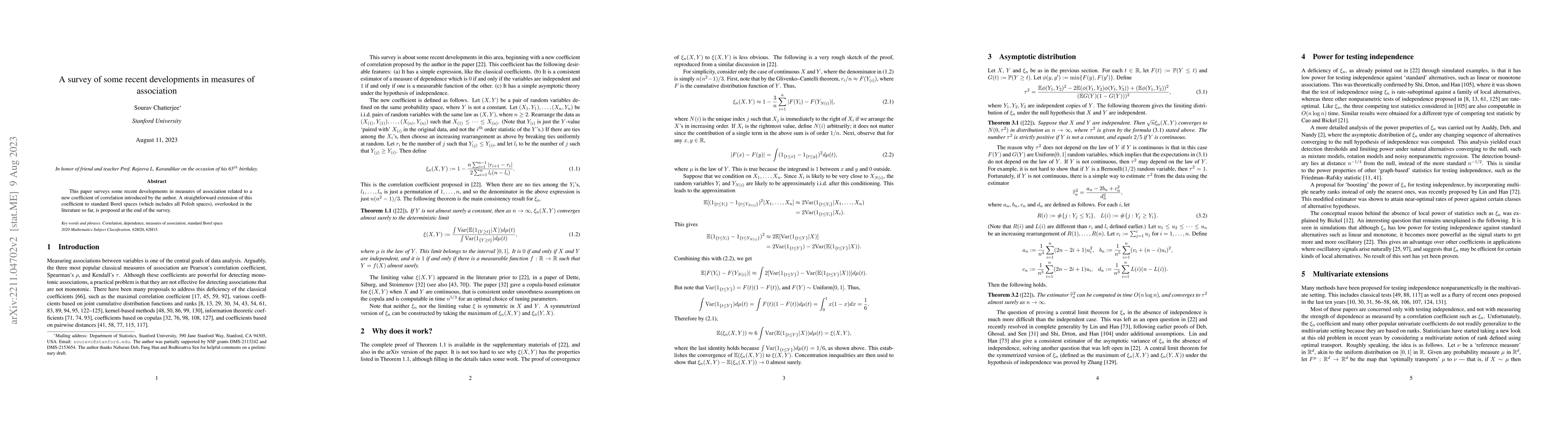 Thumbnail for A survey of some recent developments in measures of association