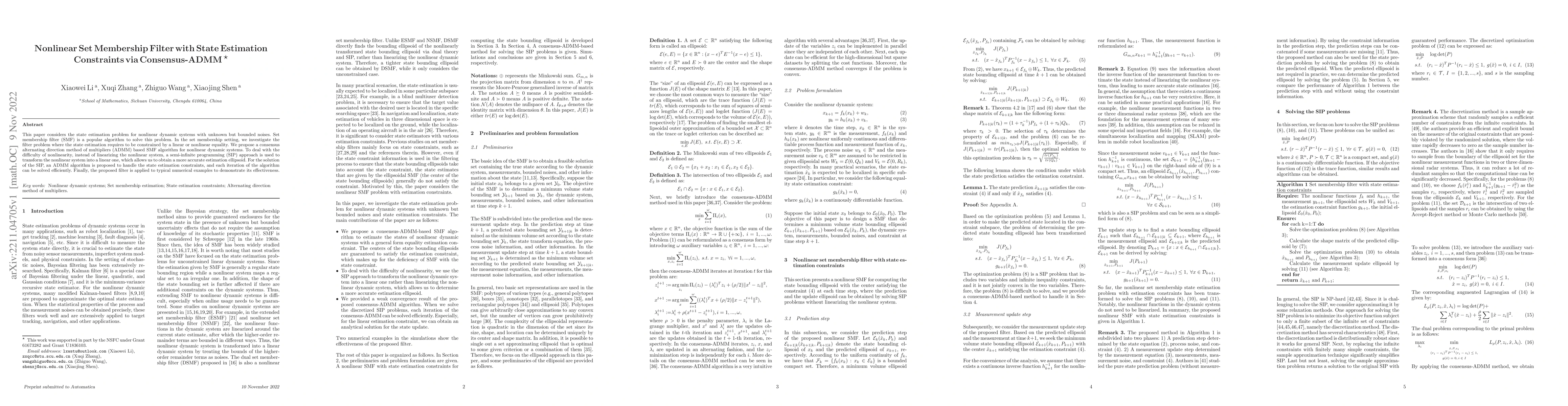 Thumbnail for Nonlinear Set Membership Filter with State Estimation Constraints via
  Consensus-ADMM