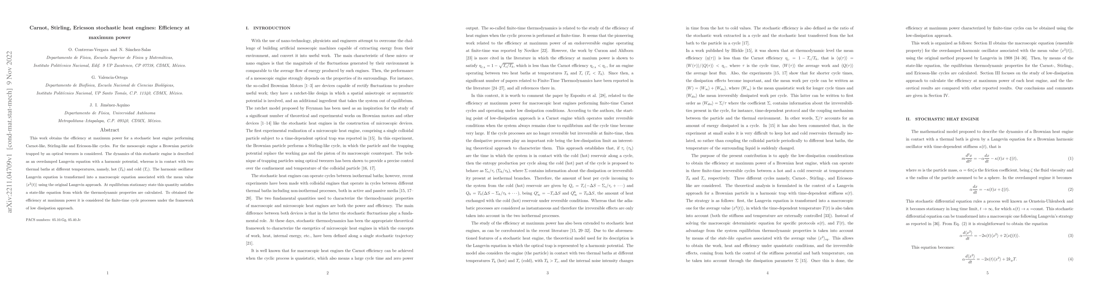 Thumbnail for Carnot, Stirling, Ericsson stochastic heat engines: Efficiency at
  maximum power
