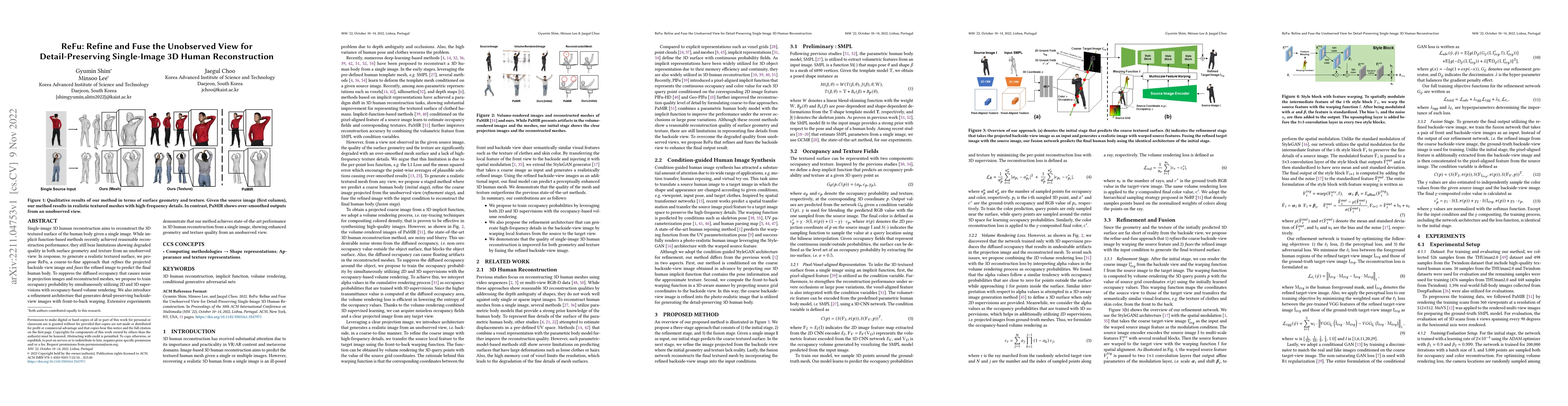 Thumbnail for ReFu: Refine and Fuse the Unobserved View for Detail-Preserving
  Single-Image 3D Human Reconstruction