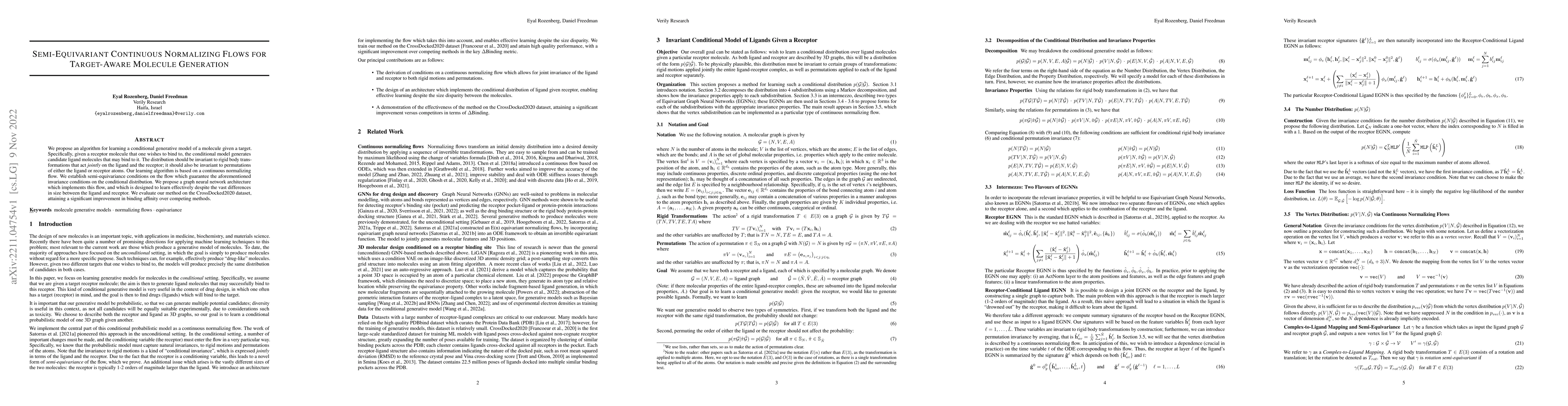 Thumbnail for Semi-Equivariant Continuous Normalizing Flows for Target-Aware Molecule
  Generation