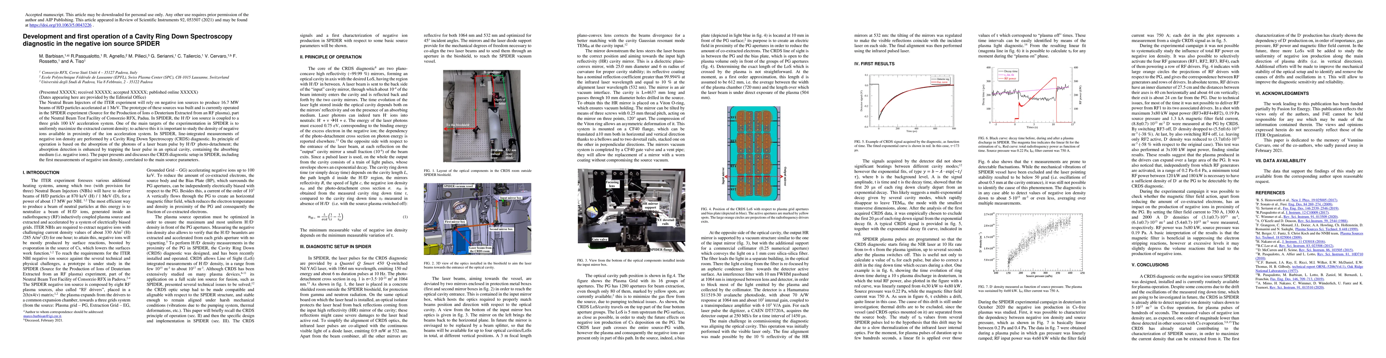 Thumbnail for Development and first operation of a Cavity Ring Down Spectroscopy
  diagnostic in the negative ion source SPIDER