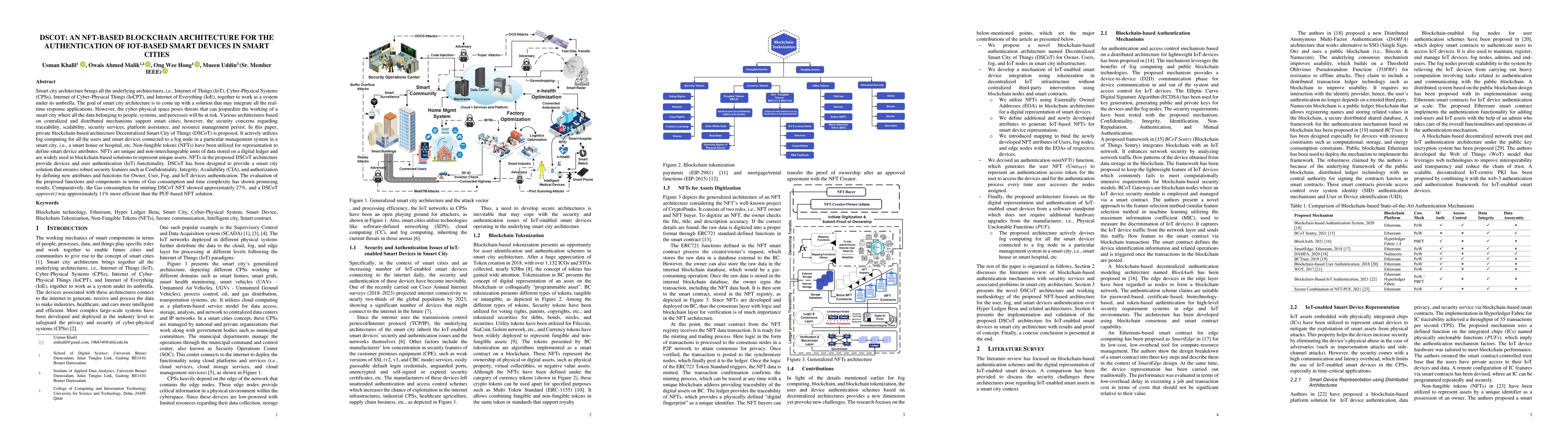 Thumbnail for DSCOT: An NFT-Based Blockchain Architecture for the Authentication of
  IoT-Enabled Smart Devices in Smart Cities