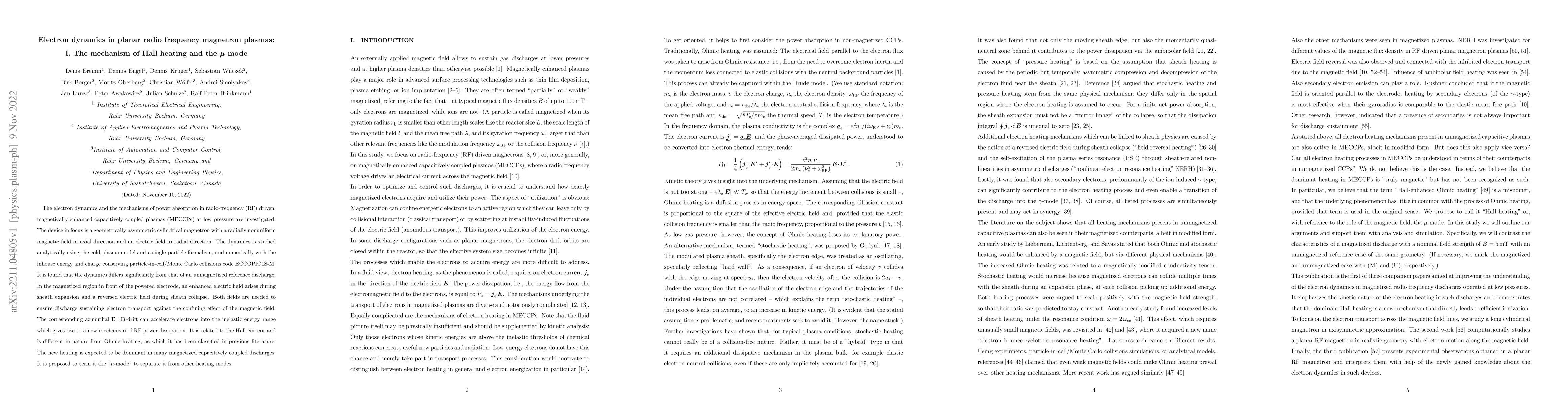 Thumbnail for Electron dynamics in planar radio frequency magnetron plasmas: I. The
  mechanism of Hall heating and the {\mu}-mode