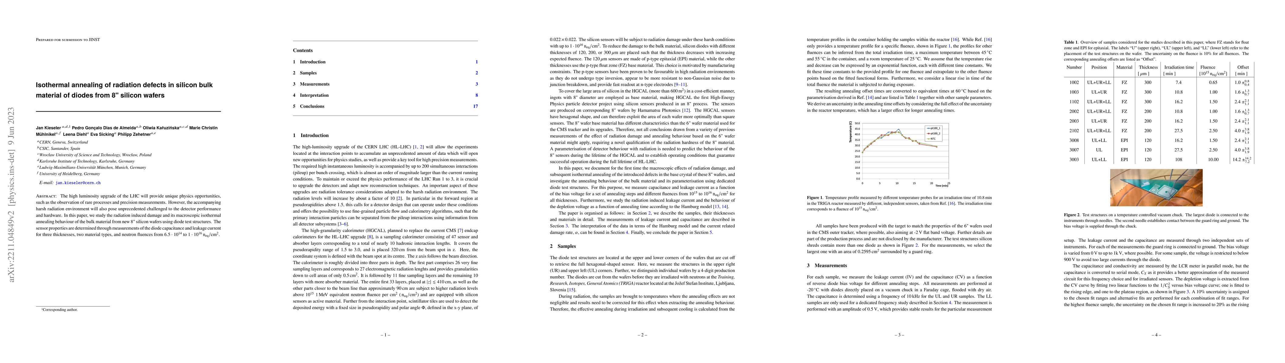 Thumbnail for Isothermal annealing of radiation defects in bulk material of diodes
  from 8" silicon wafers
