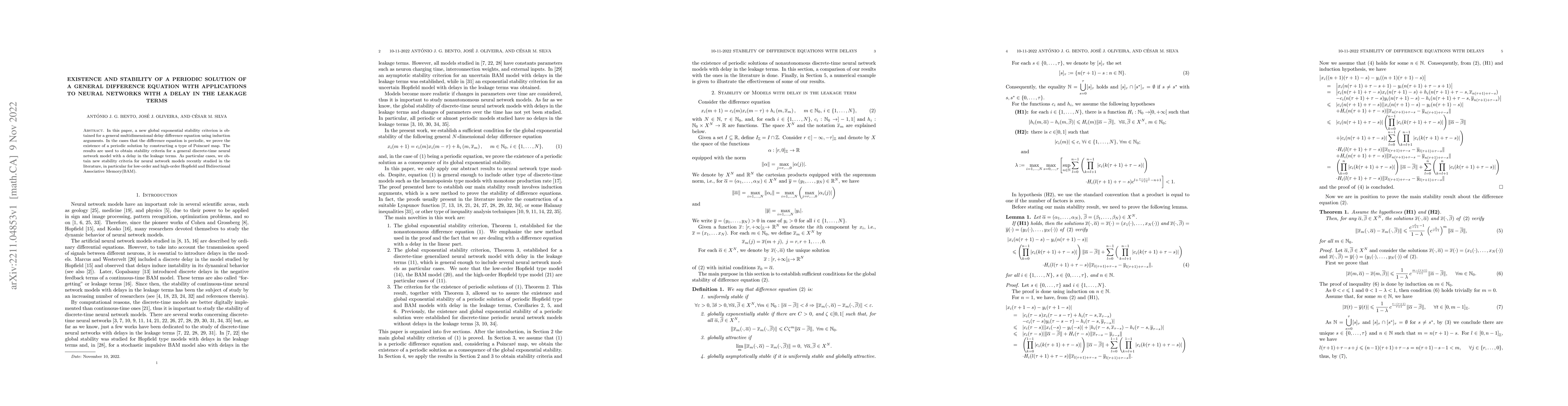 Thumbnail for Existence and stability of a periodic solution of a general difference
  equation with applications to neural networks with a delay in the leakage
  terms