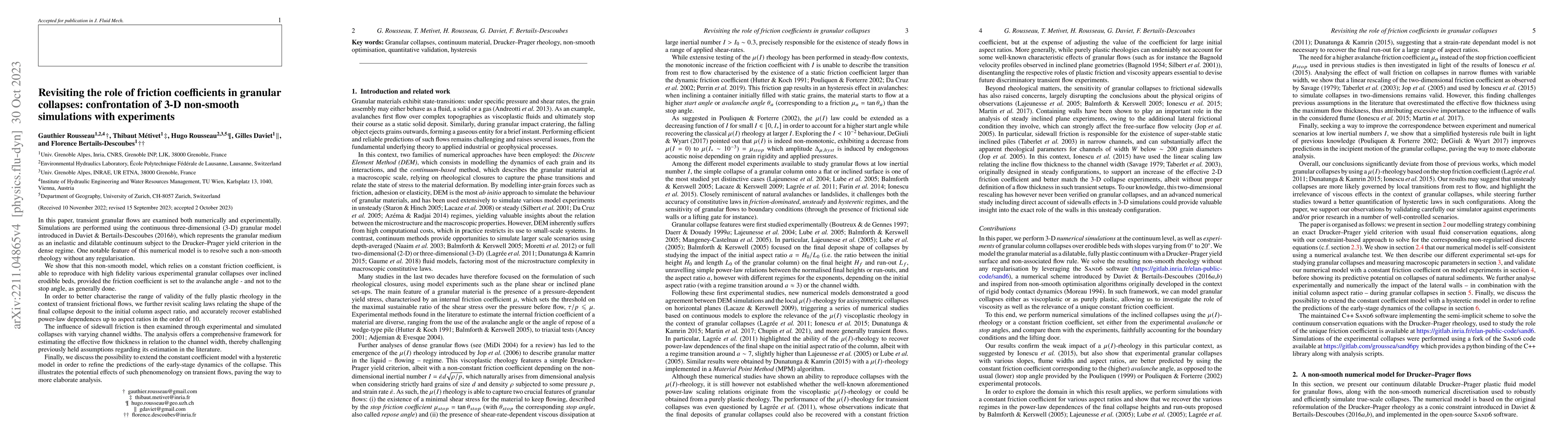 Thumbnail for Revisiting the role of friction coefficients in granular collapses:
  confrontation of 3-D non-smooth simulations with experiments