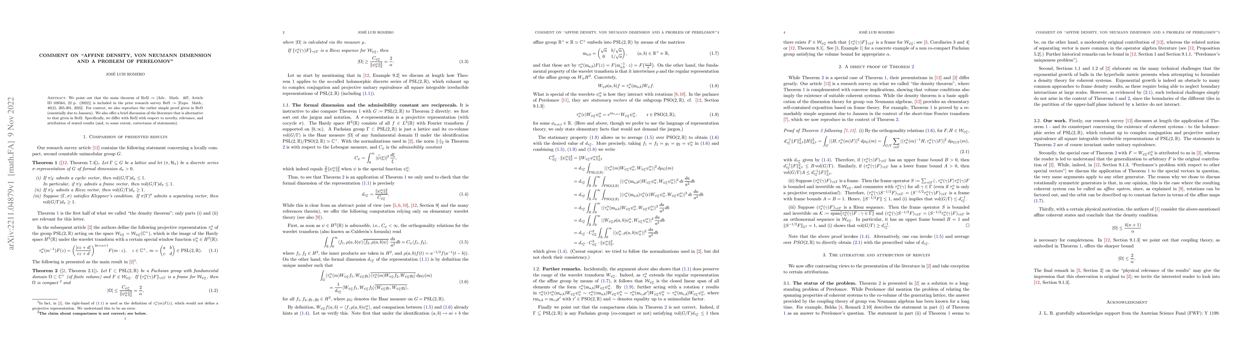 Thumbnail for Comment on "Affine density, von Neumann dimension and a problem of
  Perelomov"