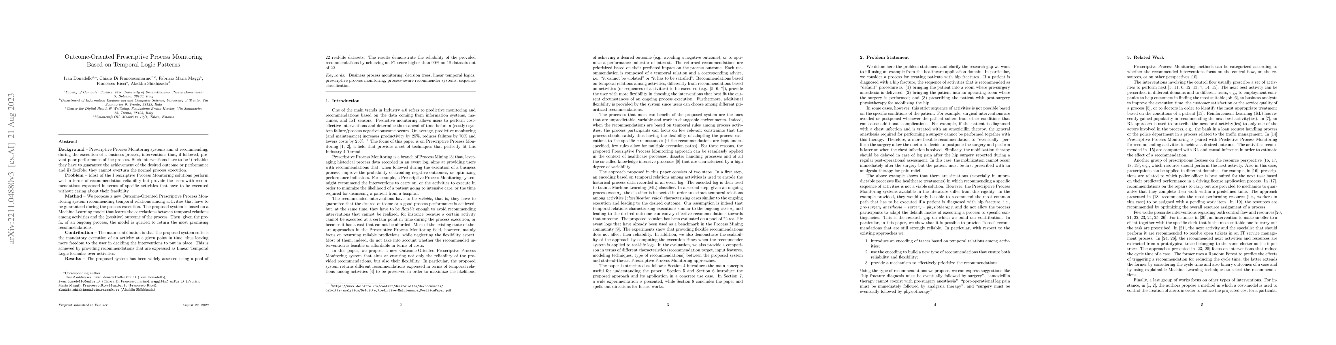 Thumbnail for Outcome-Oriented Prescriptive Process Monitoring Based on Temporal Logic
  Patterns