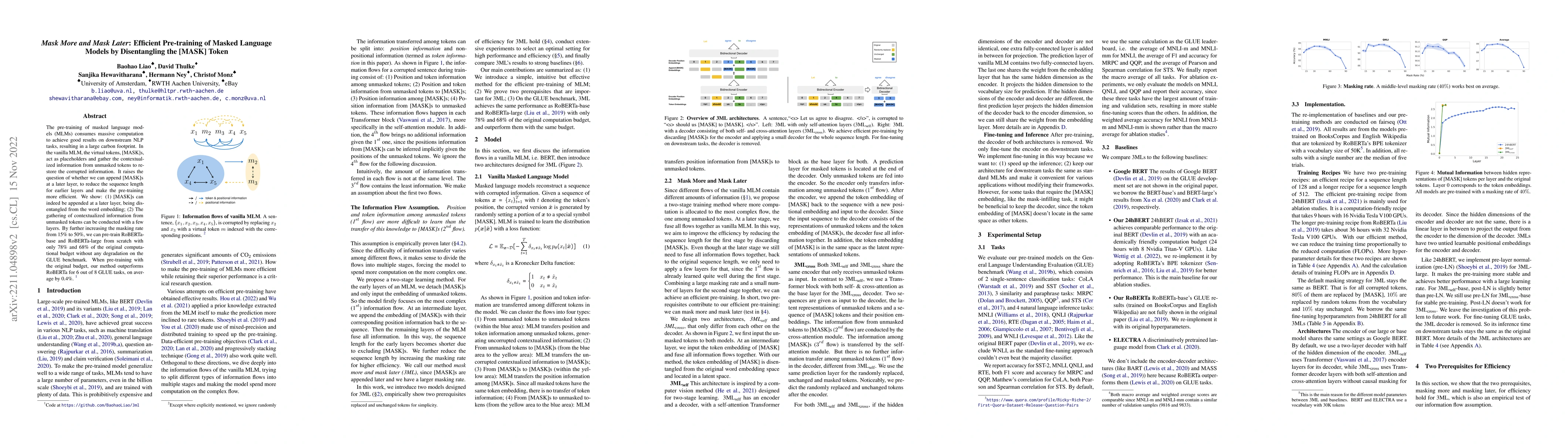 Thumbnail for Mask More and Mask Later: Efficient Pre-training of Masked Language
  Models by Disentangling the [MASK] Token