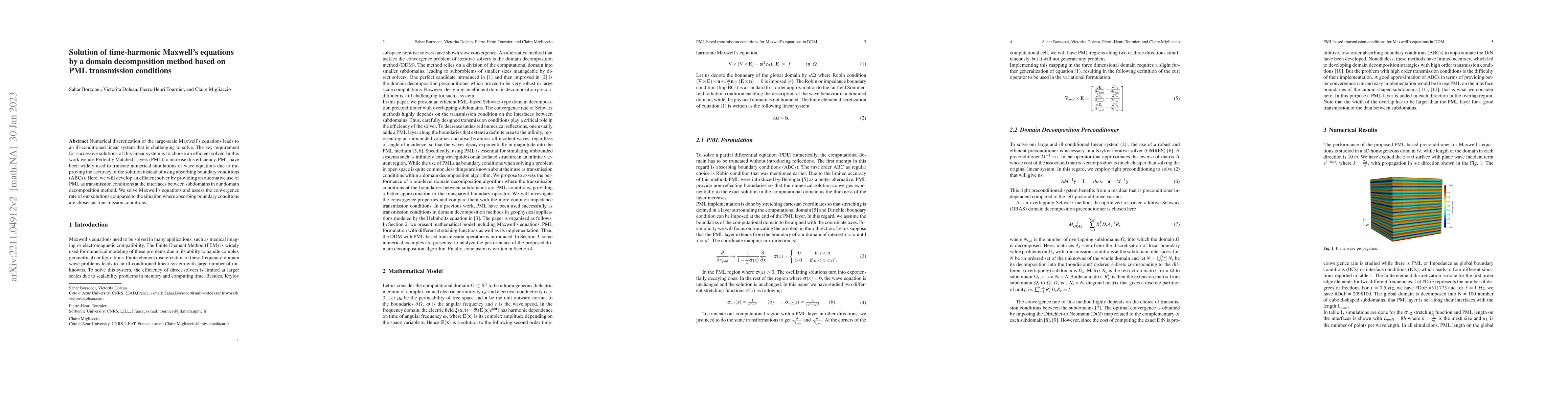 Thumbnail for Solution of time-harmonic Maxwell's equations by a domain decomposition
  method based on PML transmission conditions