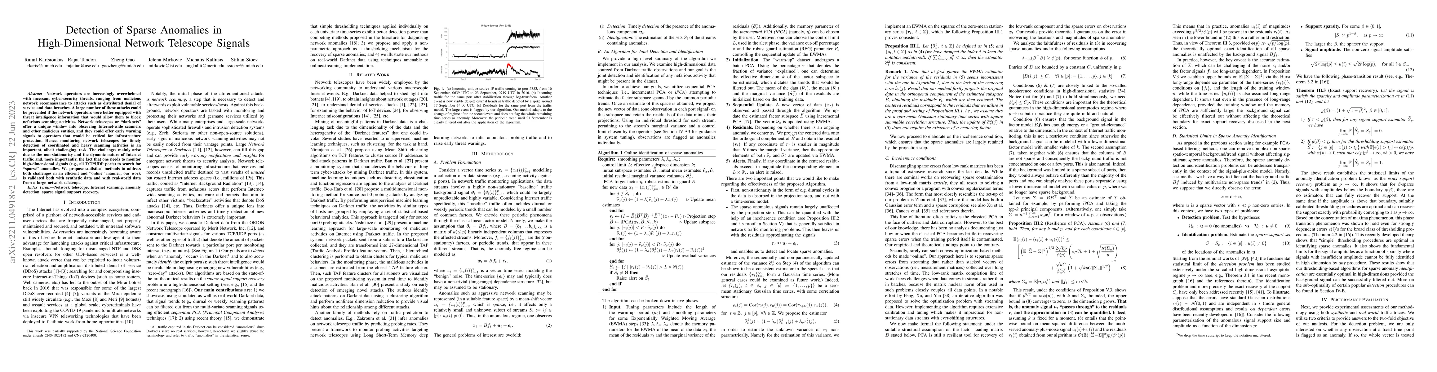 Thumbnail for Detection of Sparse Anomalies in High-Dimensional Network Telescope
  Signals