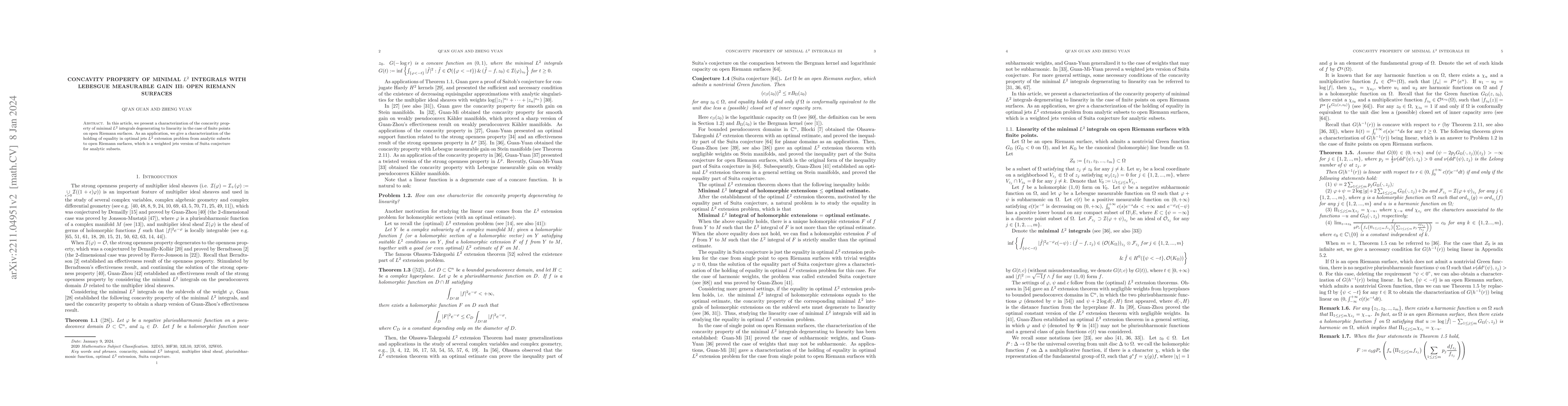 Thumbnail for Concavity property of minimal $L^2$ integrals with Lebesgue measurable
  gain III: open Riemann surfaces