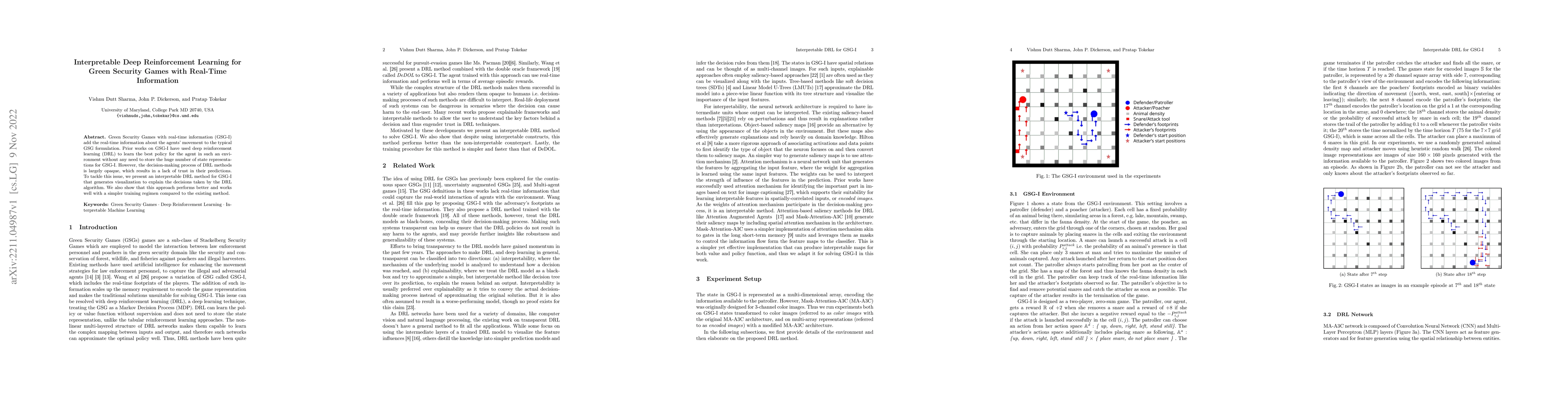 Thumbnail for Interpretable Deep Reinforcement Learning for Green Security Games with
  Real-Time Information