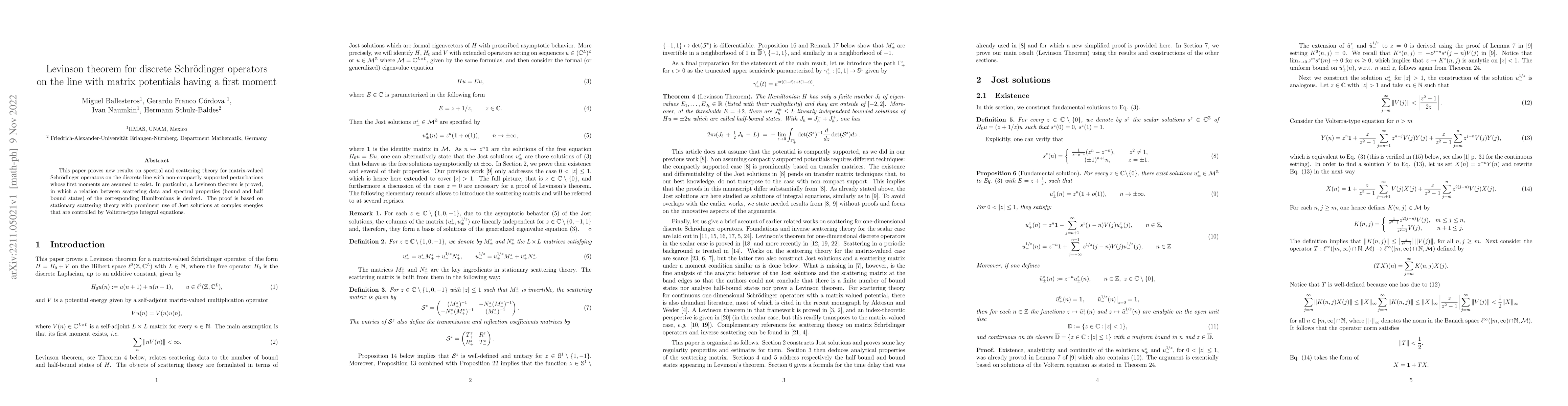 Thumbnail for Levinson theorem for discrete Schr\"odinger operators on the line with
  matrix potentials having a first moment