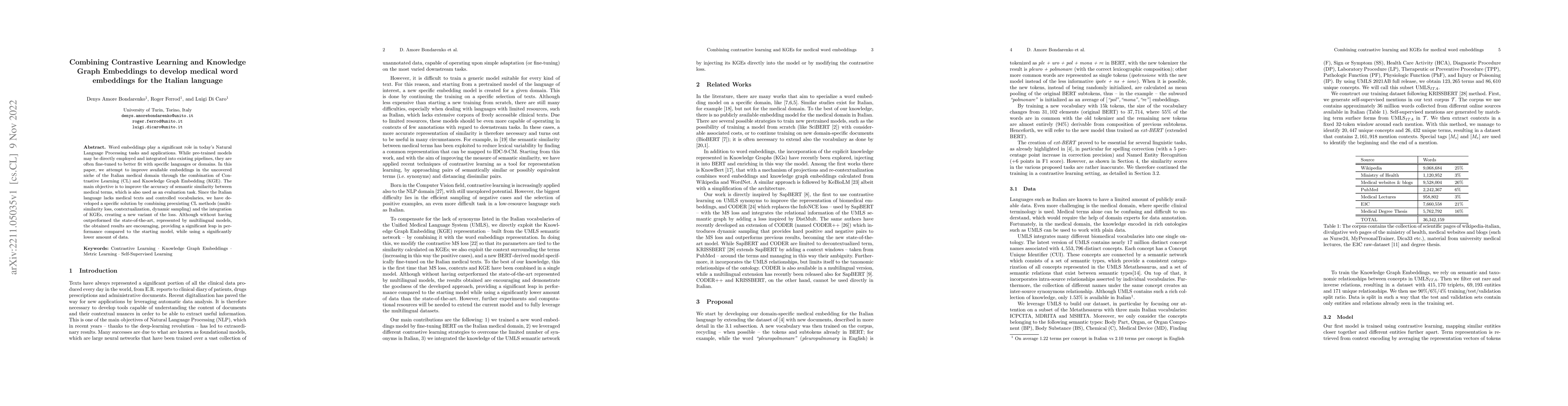 Thumbnail for Combining Contrastive Learning and Knowledge Graph Embeddings to develop
  medical word embeddings for the Italian language