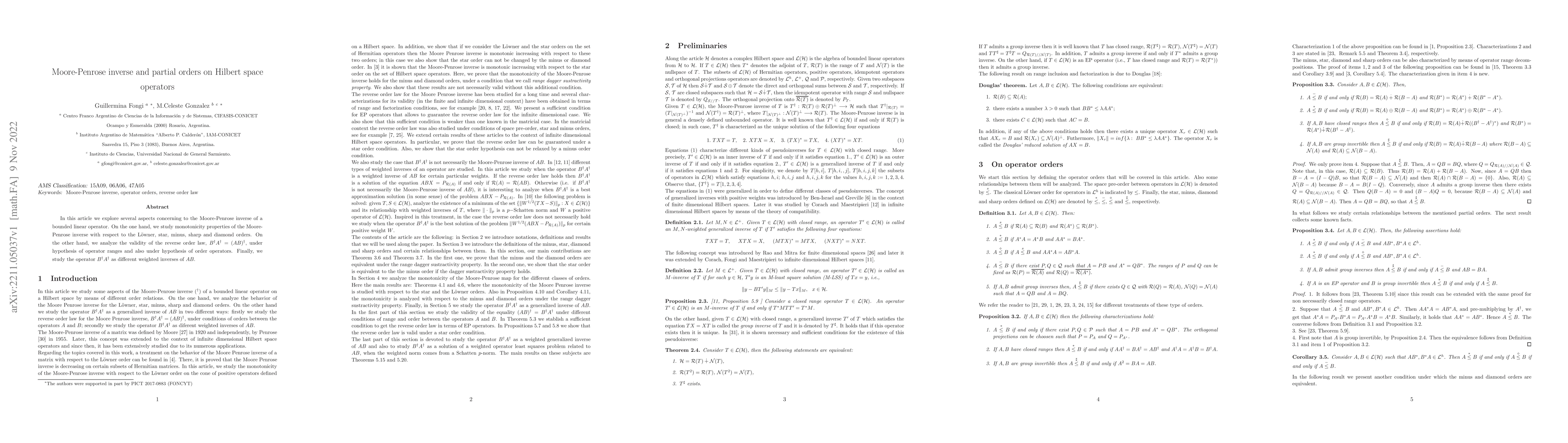 Thumbnail for Moore-Penrose inverse and partial orders on Hilbert space operators
