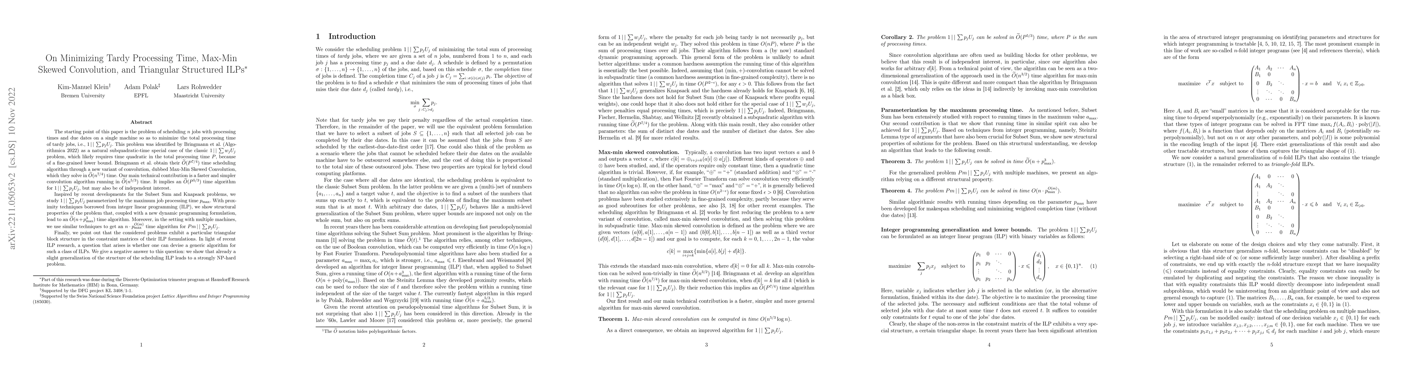 Thumbnail for On Minimizing Tardy Processing Time, Max-Min Skewed Convolution, and
  Triangular Structured ILPs