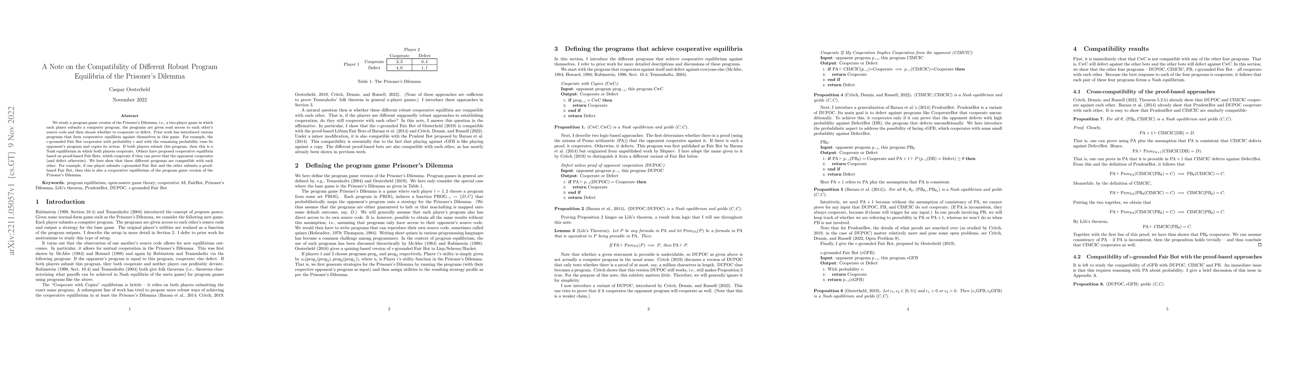 Thumbnail for A Note on the Compatibility of Different Robust Program Equilibria of
  the Prisoner's Dilemma