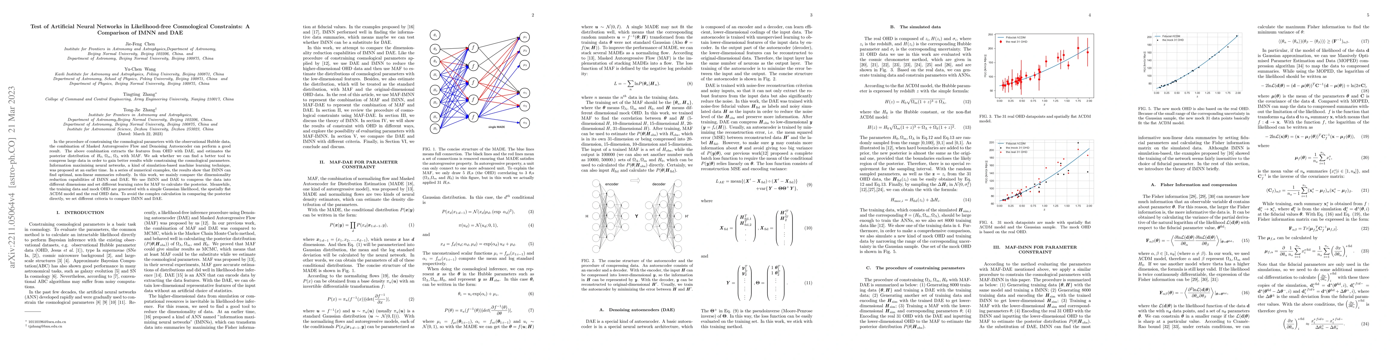 Thumbnail for Test of Artificial Neural Networks in Likelihood-free Cosmological
  Constraints: A Comparison of IMNN and DAE
