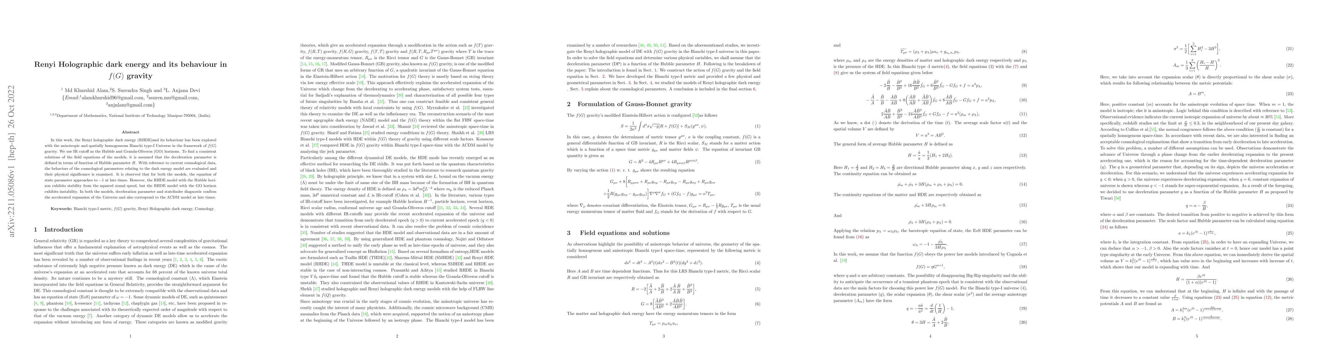 Thumbnail for Renyi Holographic dark energy and its behaviour in f(G) gravity