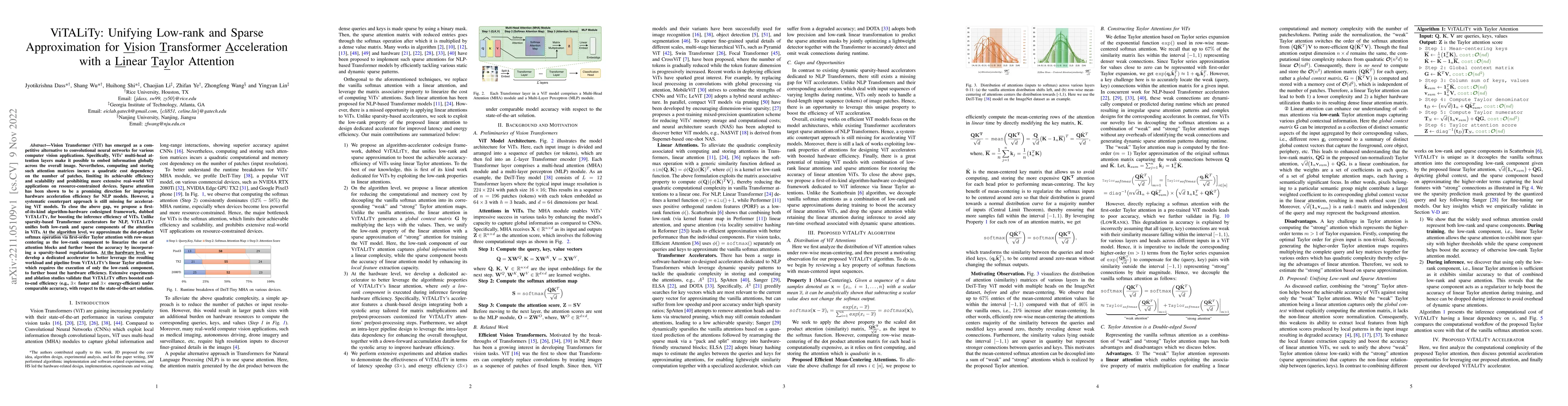 Thumbnail for ViTALiTy: Unifying Low-rank and Sparse Approximation for Vision
  Transformer Acceleration with a Linear Taylor Attention