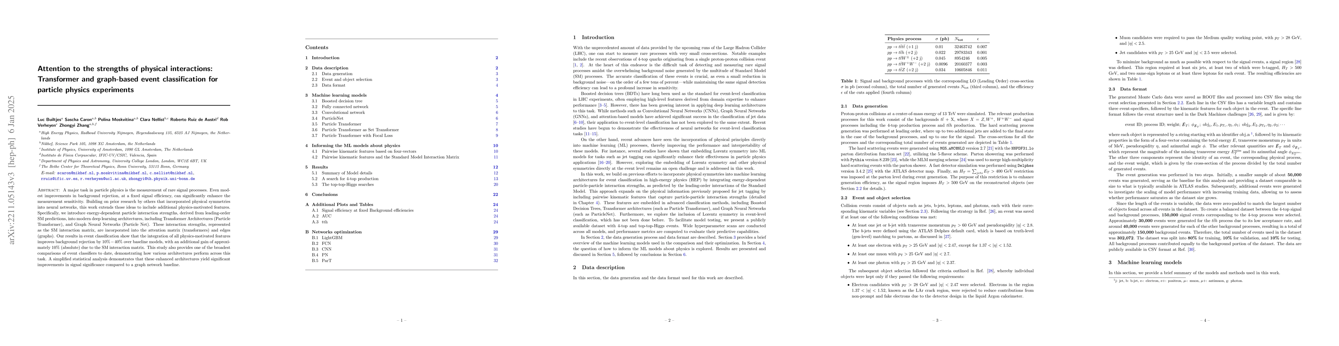 Thumbnail for Attention to the strengths of physical interactions: Transformer and
  graph-based event classification for particle physics experiments