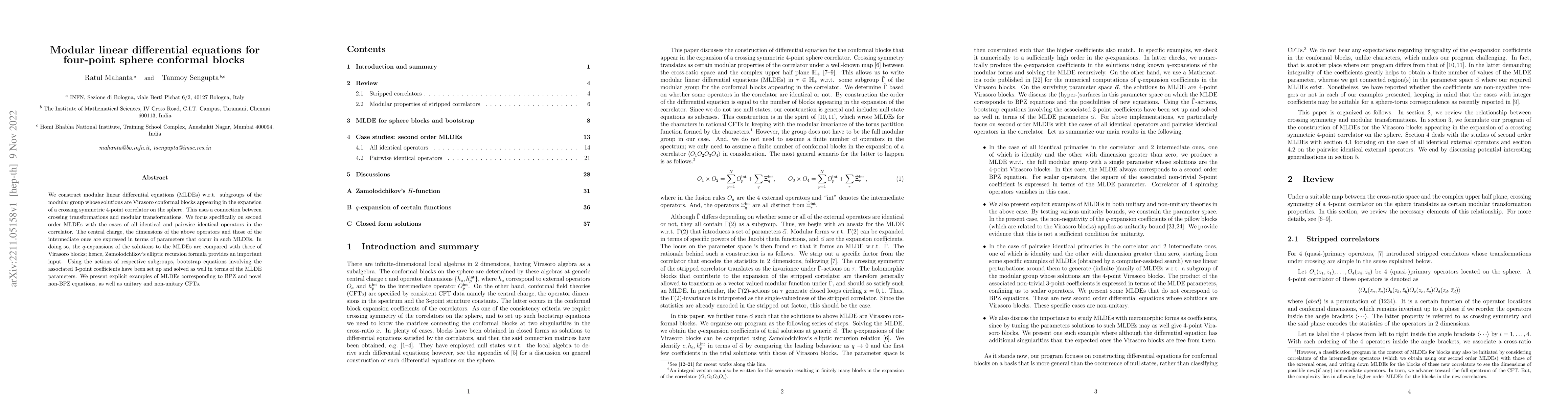 Thumbnail for Modular linear differential equations for four-point sphere conformal
  blocks