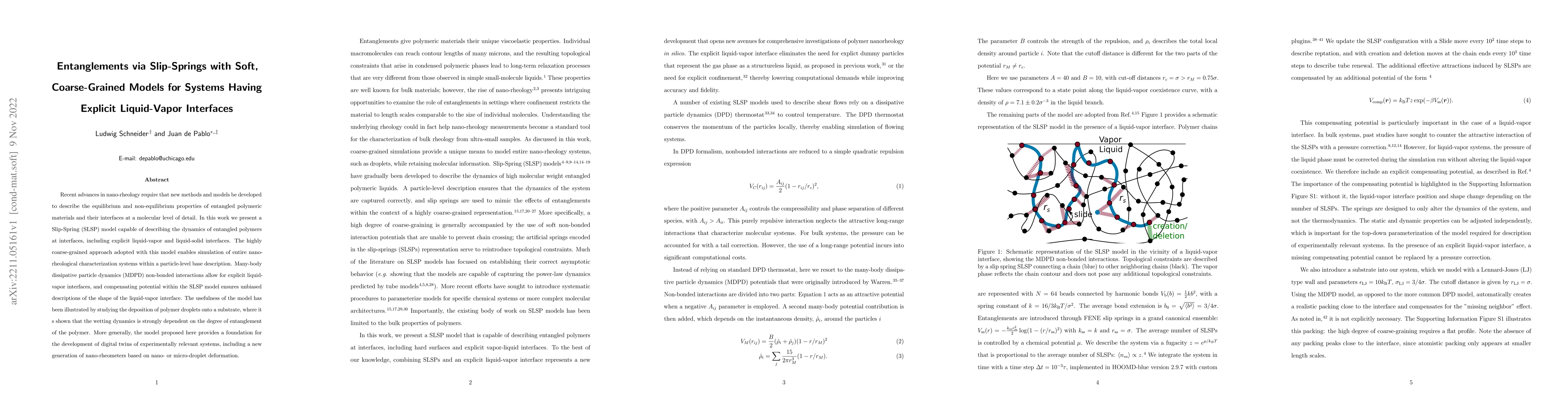 Thumbnail for Entanglements via Slip-Springs with Soft, Coarse-Grained Models for
  Systems Having Explicit Liquid-Vapor Interfaces