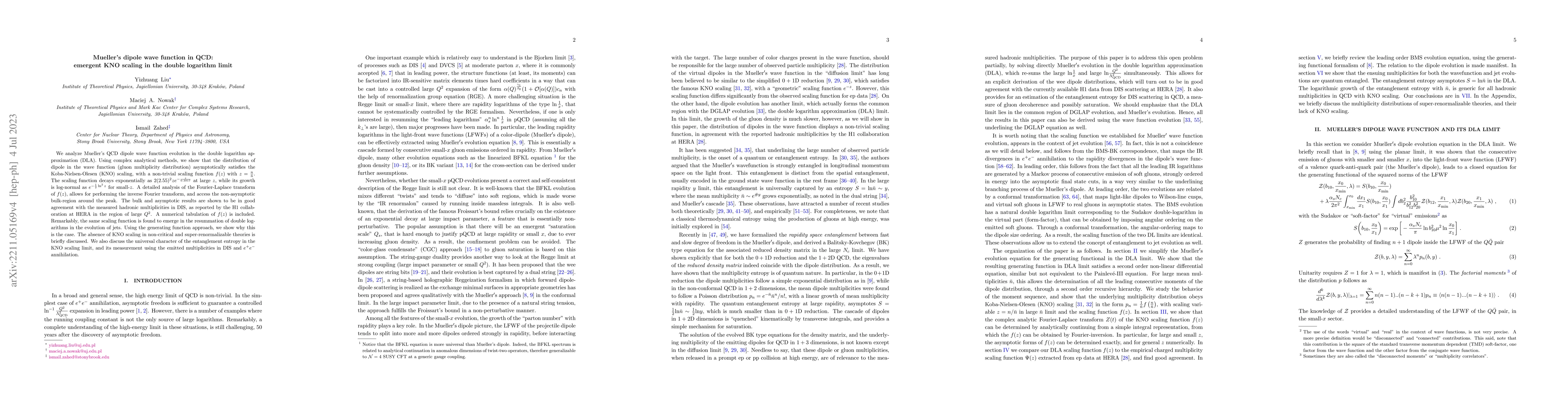 Thumbnail for Mueller's dipole wave function in QCD: emergent KNO scaling in the
  double logarithm limit