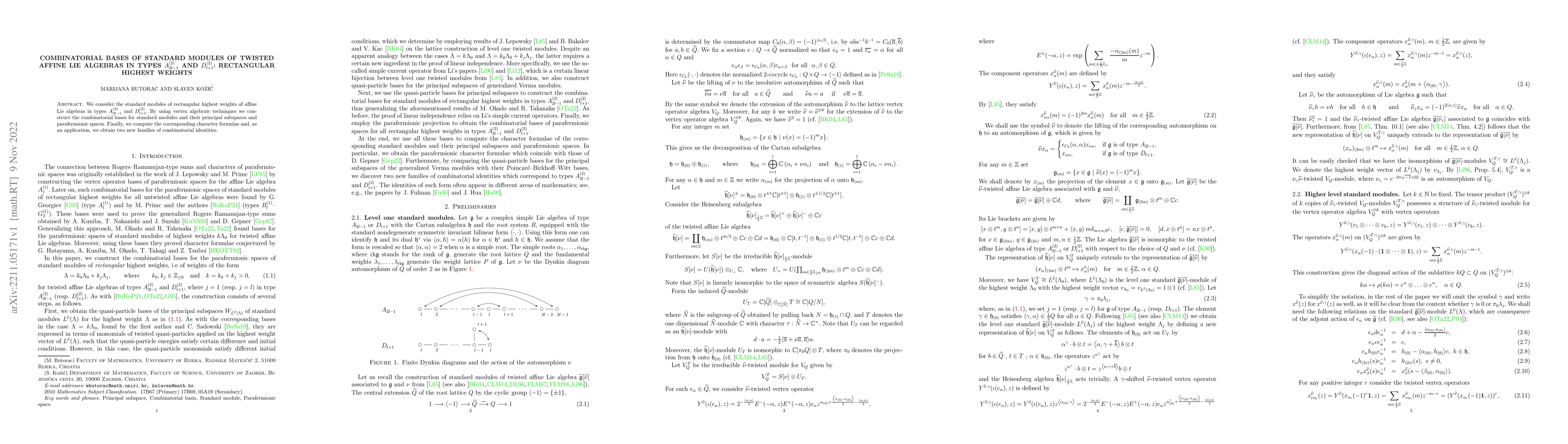 Thumbnail for Combinatorial bases of standard modules of twisted affine Lie algebras
  in types $A_{2l-1}^{(2)}$ and $D_{l+1}^{(2)}$: rectangular highest weights