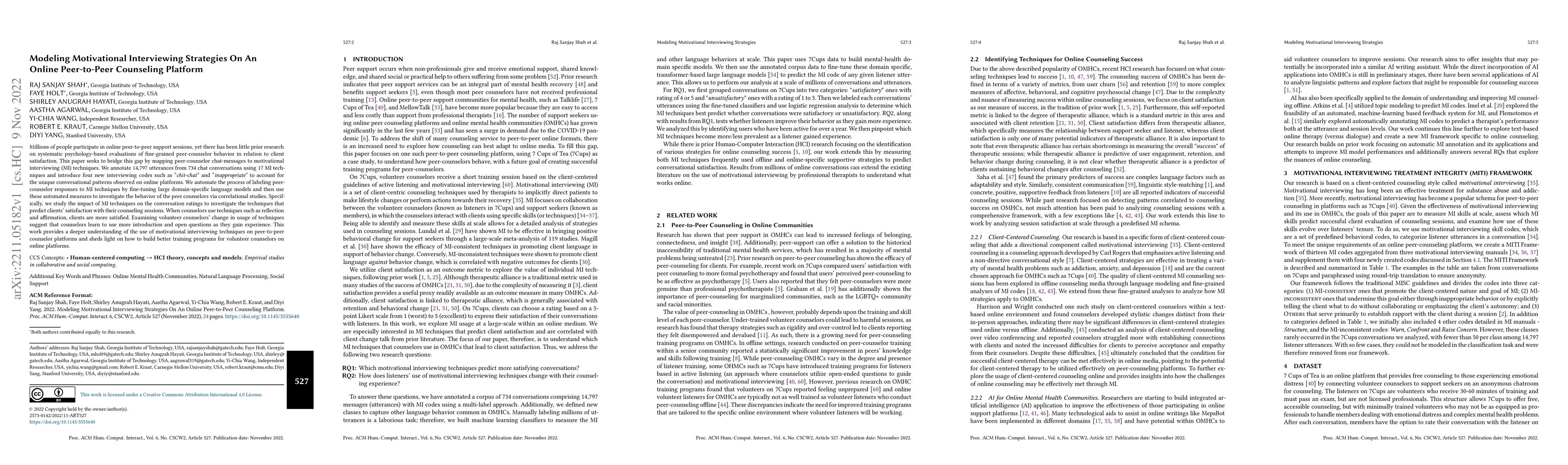 Thumbnail for Modeling Motivational Interviewing Strategies On An Online Peer-to-Peer
  Counseling Platform