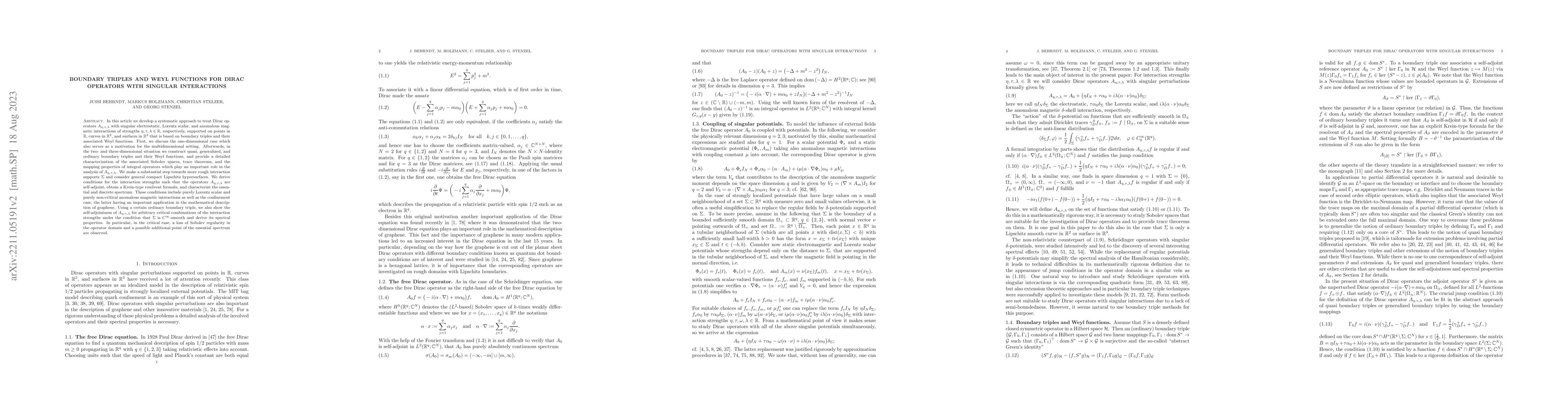 Thumbnail for Boundary triples and Weyl functions for Dirac operators with singular
  interactions