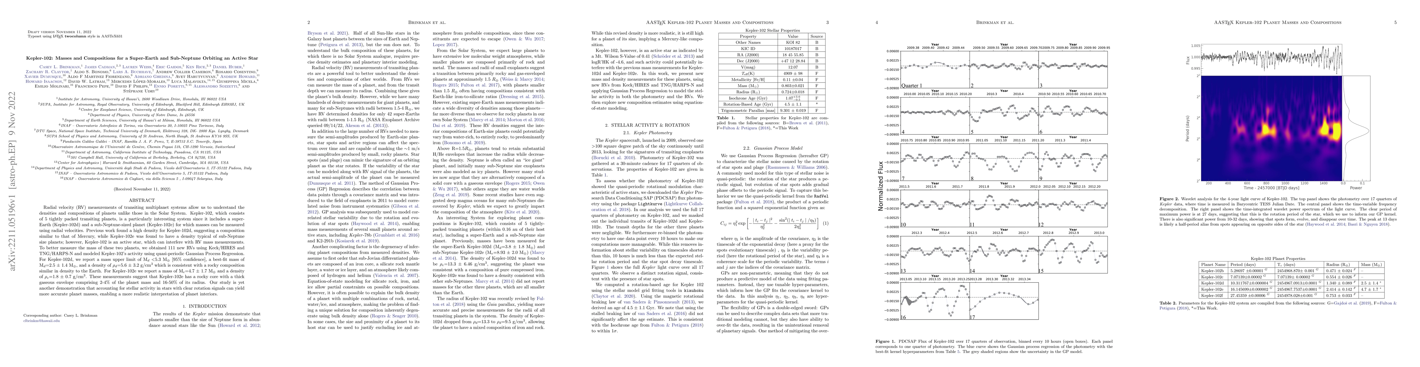 Thumbnail for Kepler-102: Masses and Compositions for a Super-Earth and Sub-Neptune
  Orbiting an Active Star