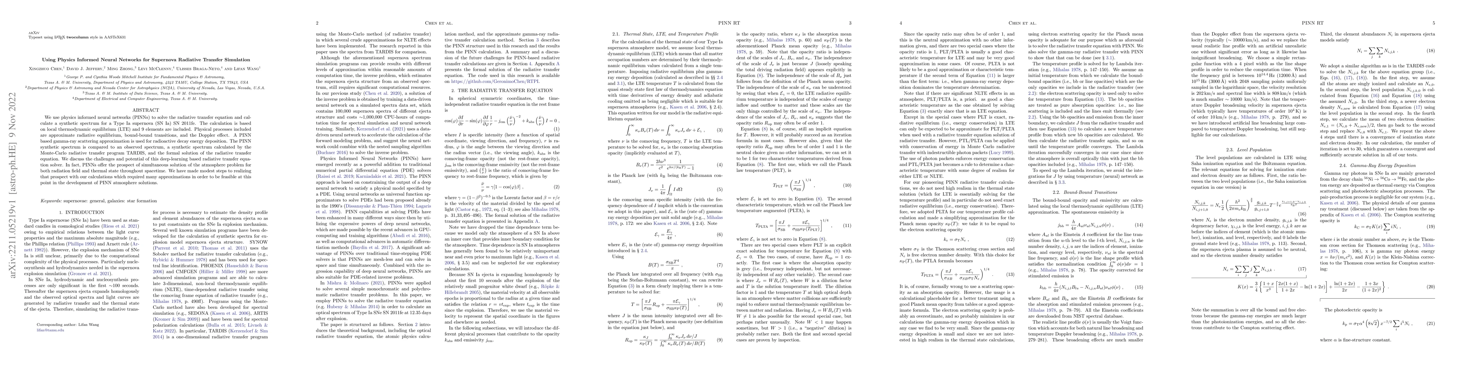 Thumbnail for Using Physics Informed Neural Networks for Supernova Radiative Transfer
  Simulation