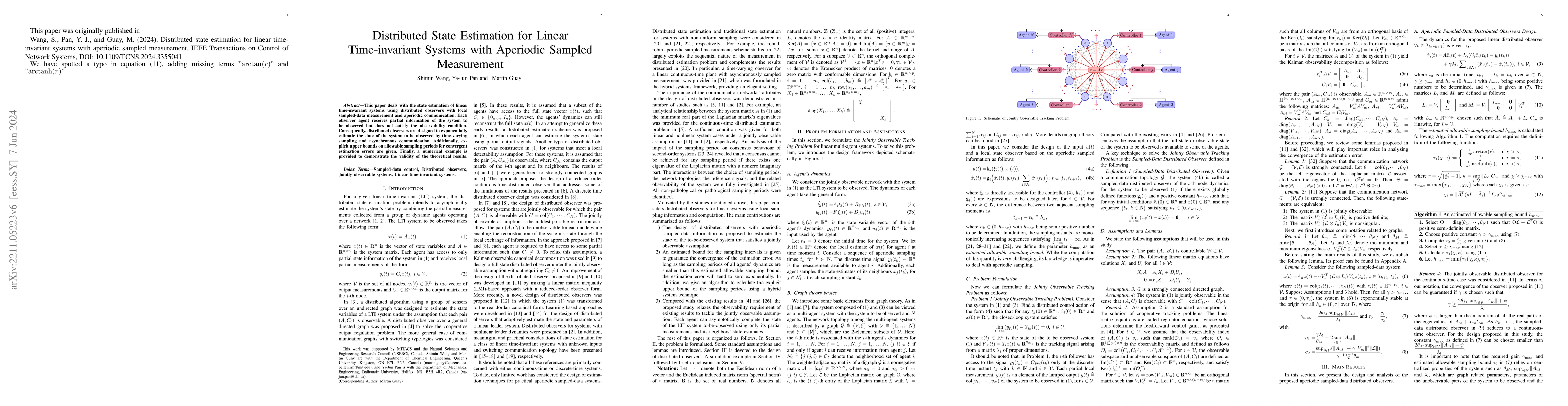 Thumbnail for Distributed State Estimation for Linear Time-invariant Systems with
  Aperiodic Sampled Measurement