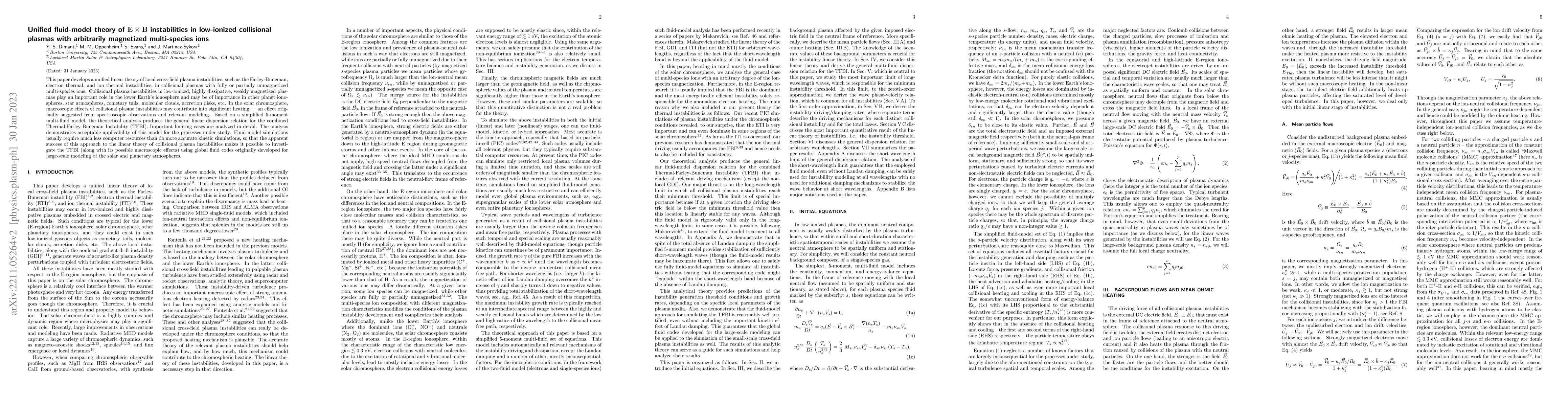 Thumbnail for Unified fluid-model theory of $\mathbf{E}\times\mathbf{B}$ instabilities
  in low-ionized collisional plasmas with arbitrarily magnetized multi-species
  ions