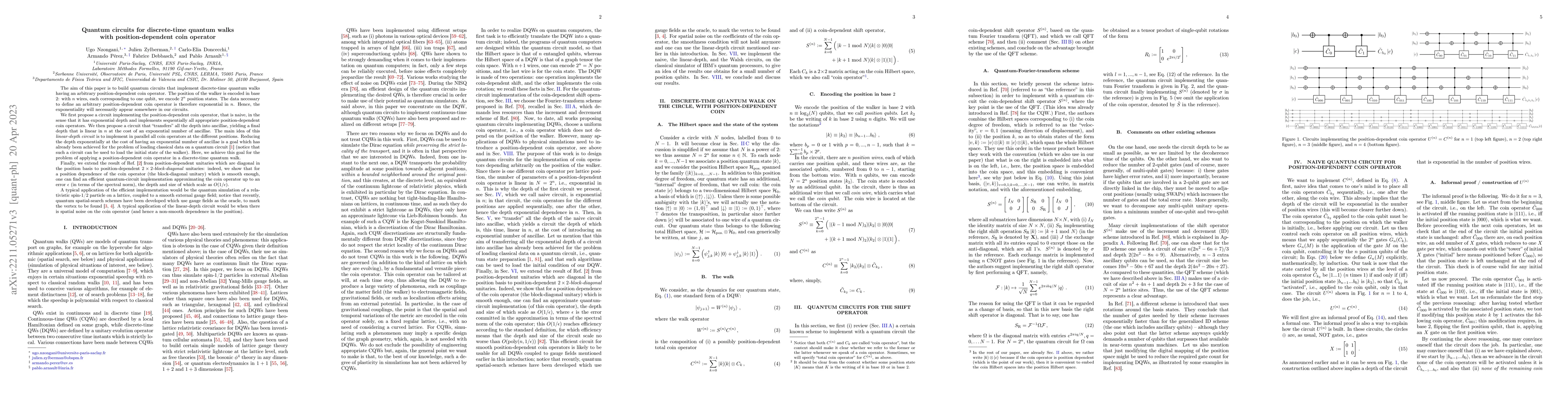 Thumbnail for Quantum circuits for discrete-time quantum walks with position-dependent
  coin operator