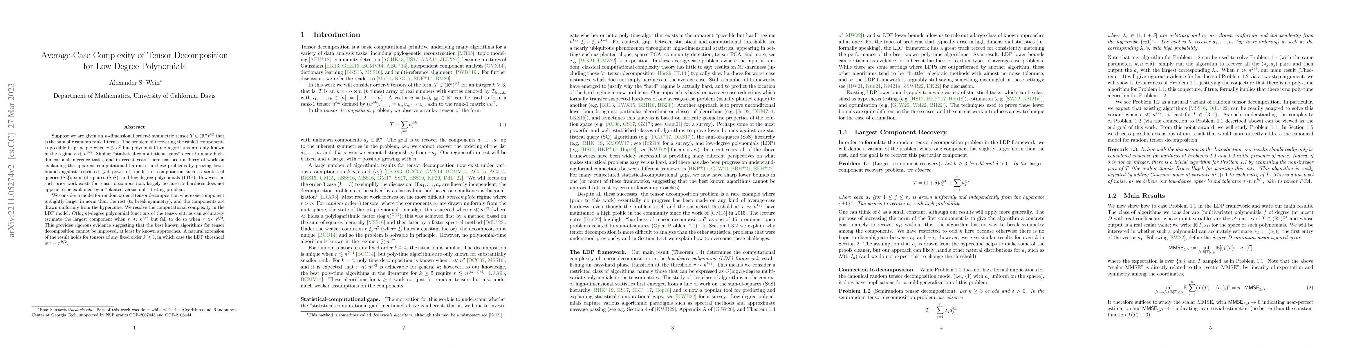 Thumbnail for Average-Case Complexity of Tensor Decomposition for Low-Degree
  Polynomials
