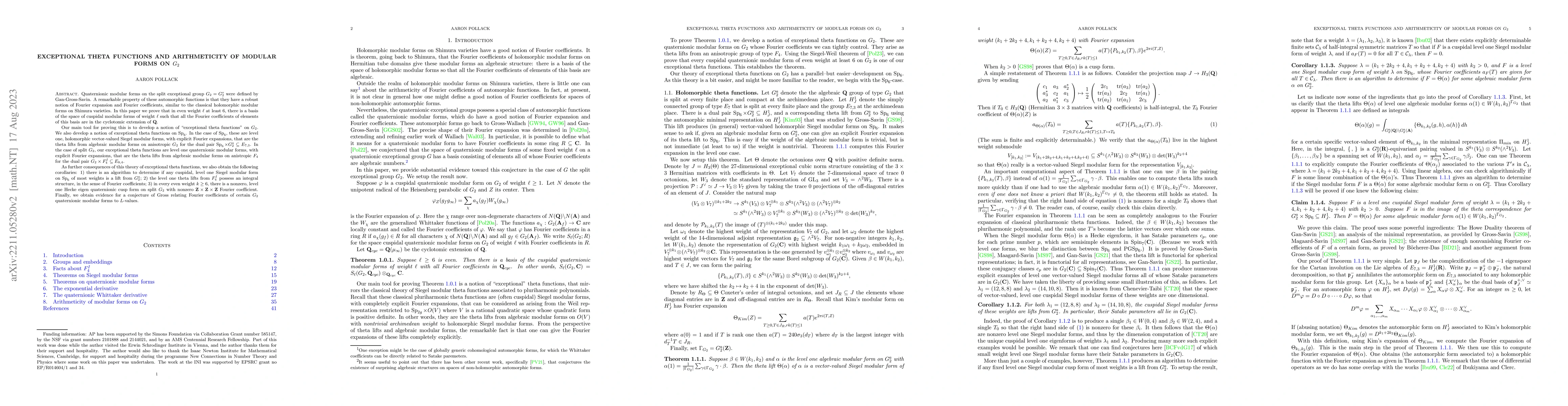 Thumbnail for Exceptional theta functions and arithmeticity of modular forms on $G_2$