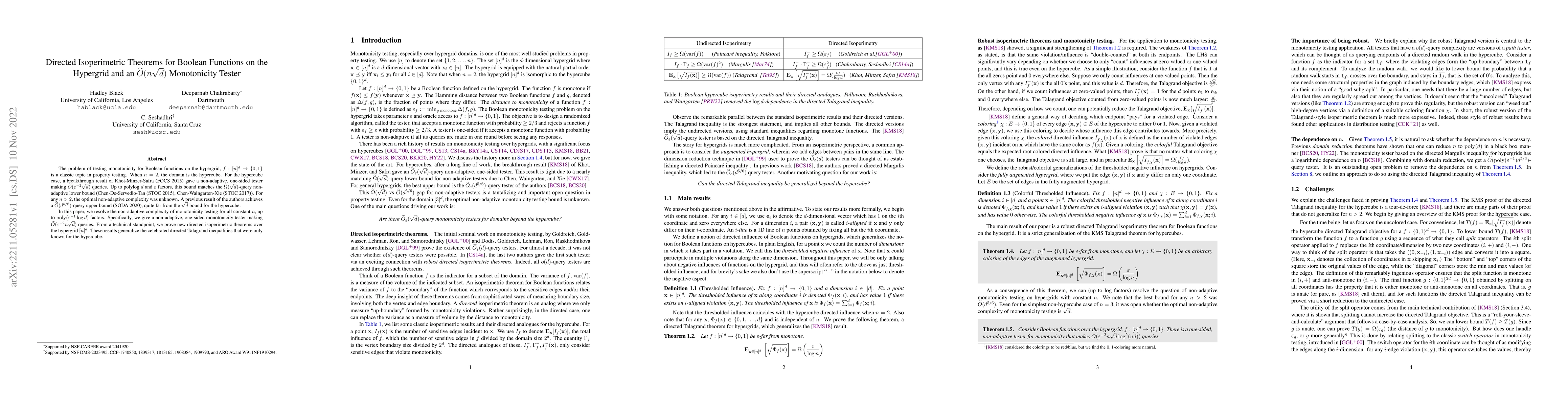 Thumbnail for Directed Isoperimetric Theorems for Boolean Functions on the Hypergrid
  and an $\widetilde{O}(n\sqrt{d})$ Monotonicity Tester