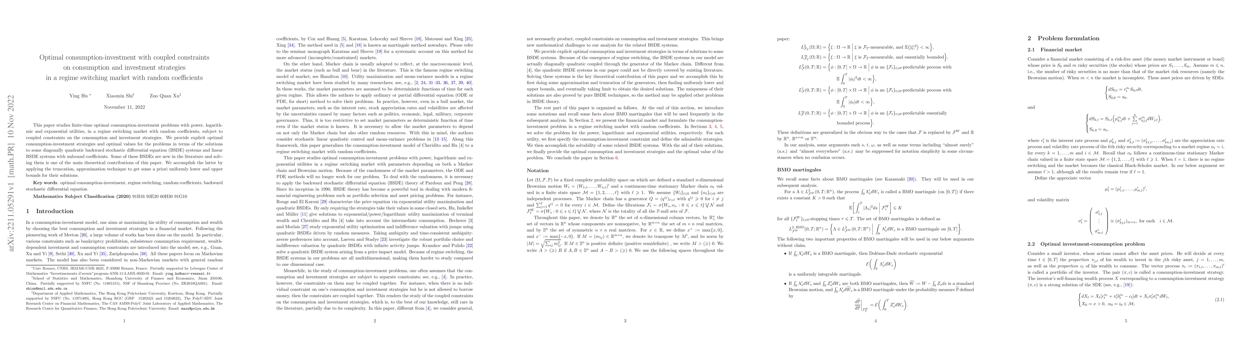 Thumbnail for Optimal consumption-investment with coupled constraints on consumption
  and investment strategies in a regime switching market with random
  coefficients