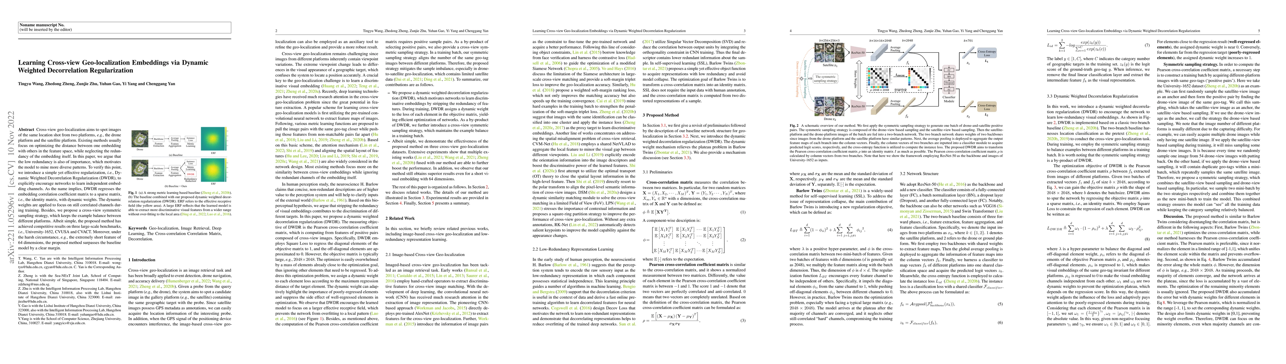 Thumbnail for Learning Cross-view Geo-localization Embeddings via Dynamic Weighted
  Decorrelation Regularization